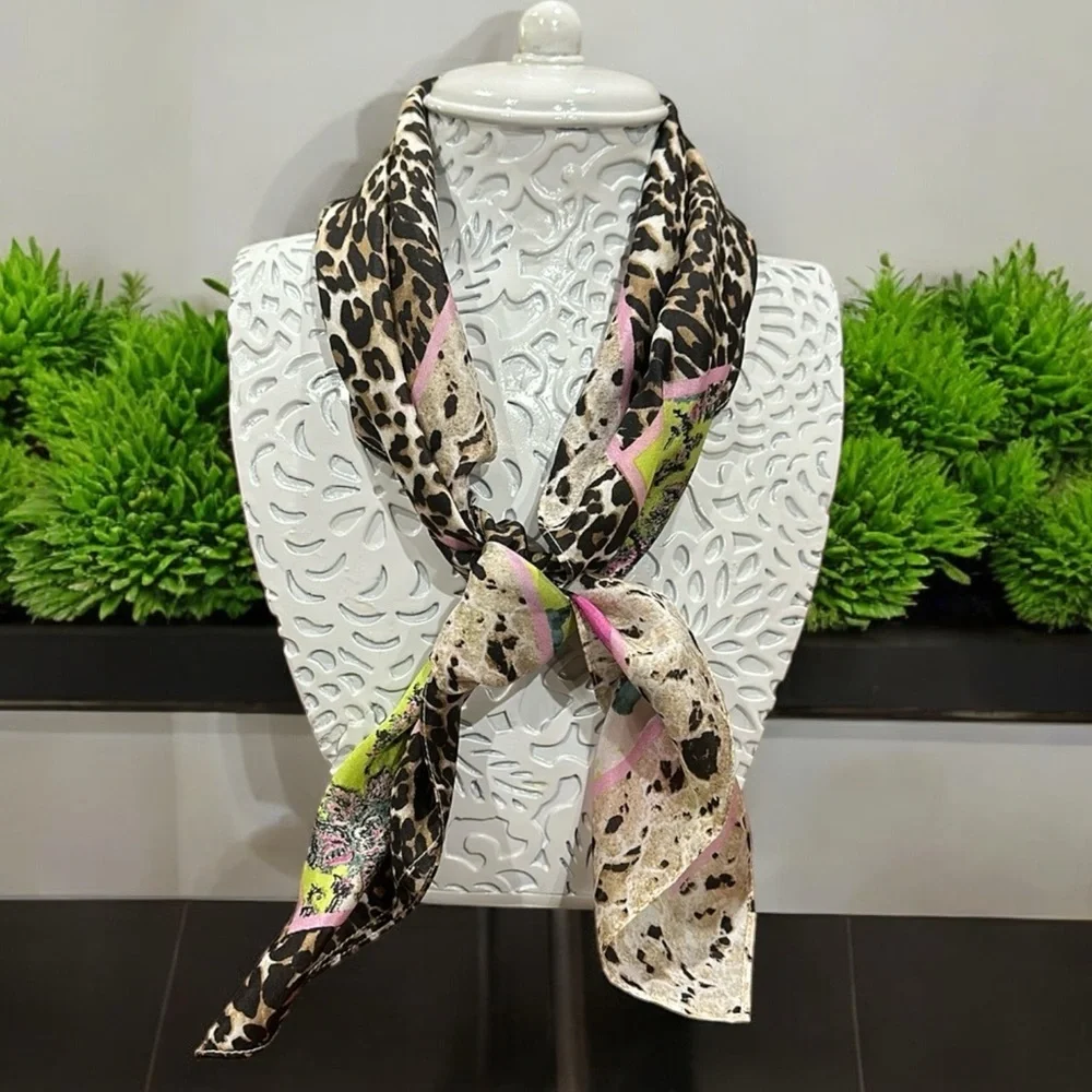 Pure Silk Scarf by Bassler leopard floral black cream pink teal 27x27